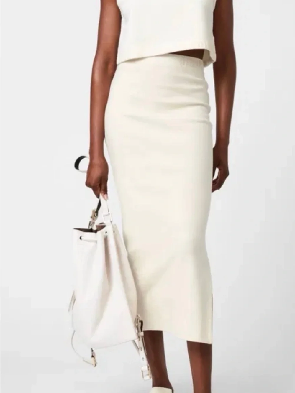 All Saints Ivory Ribbed Knit Midi Skirt